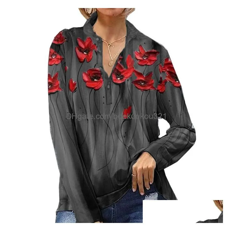 Women`S Blouses & Shirts Fashion 3D Floral Printed Womens Clothing 2022 Spring New Streetwear Casual Loose Long Sleeve Plus Size 5Xl Dhbns