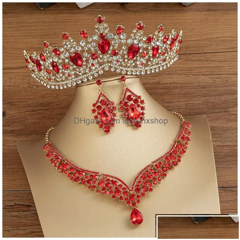 Jewelry Sets Kmvexo Gorgeous Crystal Ab Bridal Fashion Tiaras Earrings Necklaces Set For Women Dress Crown Drop Delivery Dhoy5