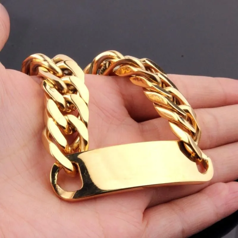 Link, Chain Fashion Stainless Steel Charming Gold Tone Smooth ID Cuban Link Bracelet Mens Boys Wristband Jewelry Xmas Gift