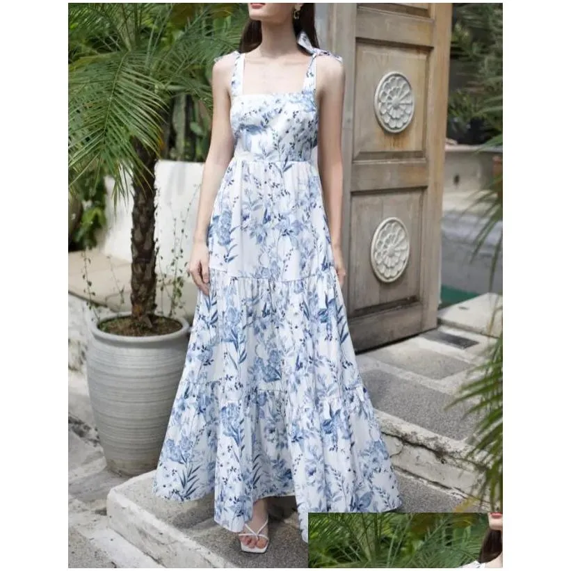 New Casual Dresses Women The Dress Floral Printed Sky-Blue Tie Bow Backless Sleeveless Elegant Fashion Bohemian Beach
