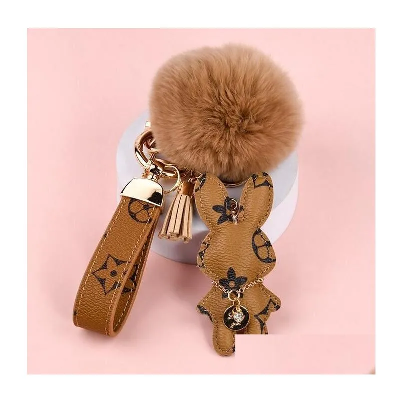 Keychains Lanyards Bunny Design Key Chains Ring Pompom Ball Rabbit Bag Pendant Charm Keyring Buckle Gift Jewelry Accessories Pu Lea Dhkzx