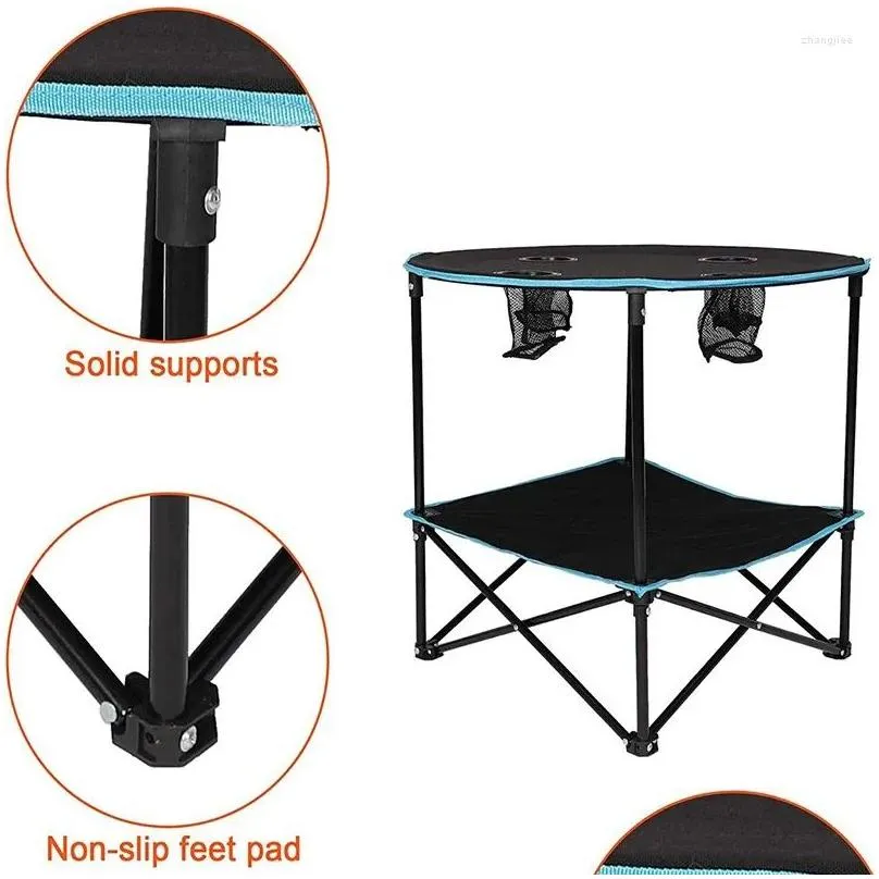 Camp Furniture Outdoor Folding Table Travel Cam Picnic Collapsible Round With 4 Cup Holders And Carry Bag Drop Delivery Sports Outdoor