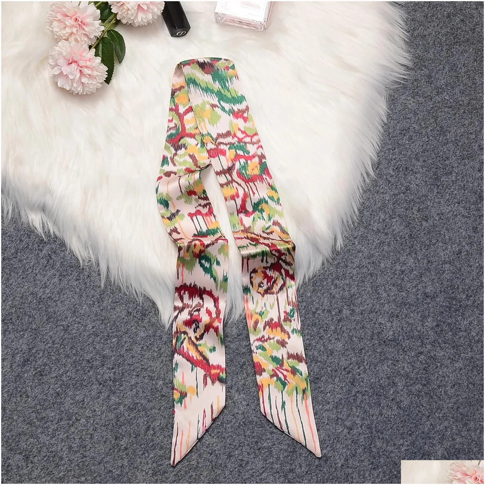 Scarves 22 Years New Womens Hair Band Printing Emation Silk Scarf Arm Bag Handle Small Ribbon All-Match Headscarf Wholesale Drop Deliv Dhamp