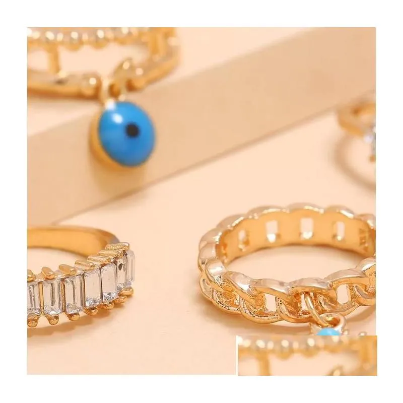 With Side Stones 4Pcs/Set Fashion Turquoise Diamond Evil Eye Finger Rings Women Girls Jewelry Ring Set Drop Delivery Dh2Bj