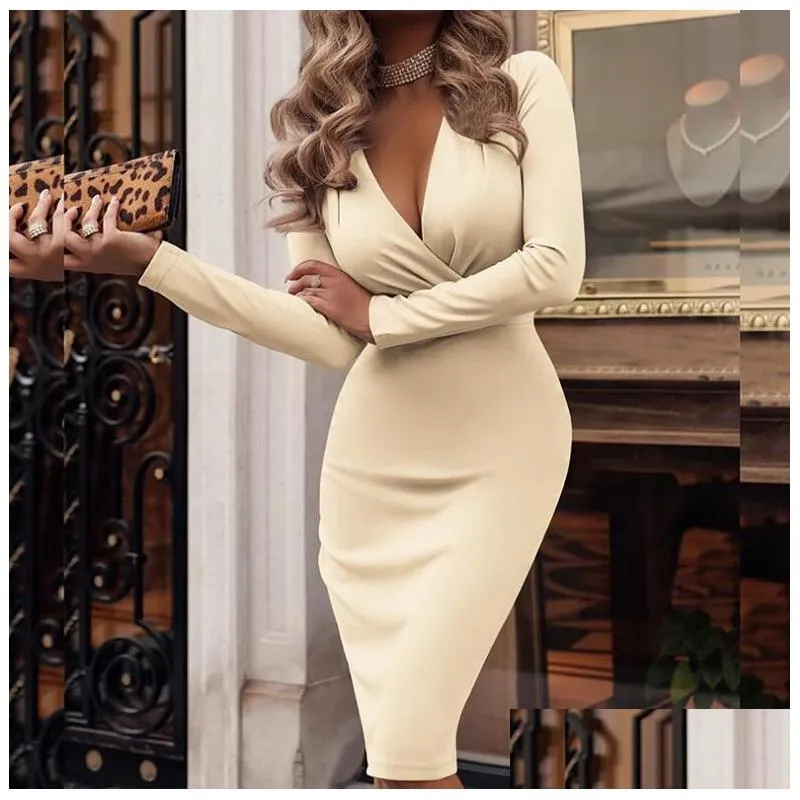 Women Dresses Bodycon Dresses Autumn And Winter Long Sleeve Sexy Deep V-Neck Party Mini Dress Ladies Solid Color S-XXL
