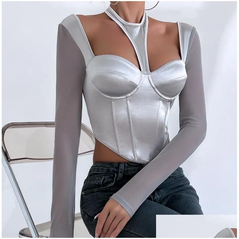 New Women`s T Shirts Mesh Patchwork Halter Long Sleeve Crop Top For Women Y2k Streetwear Autumn Soild Color Sexy See Through Corset Spicy