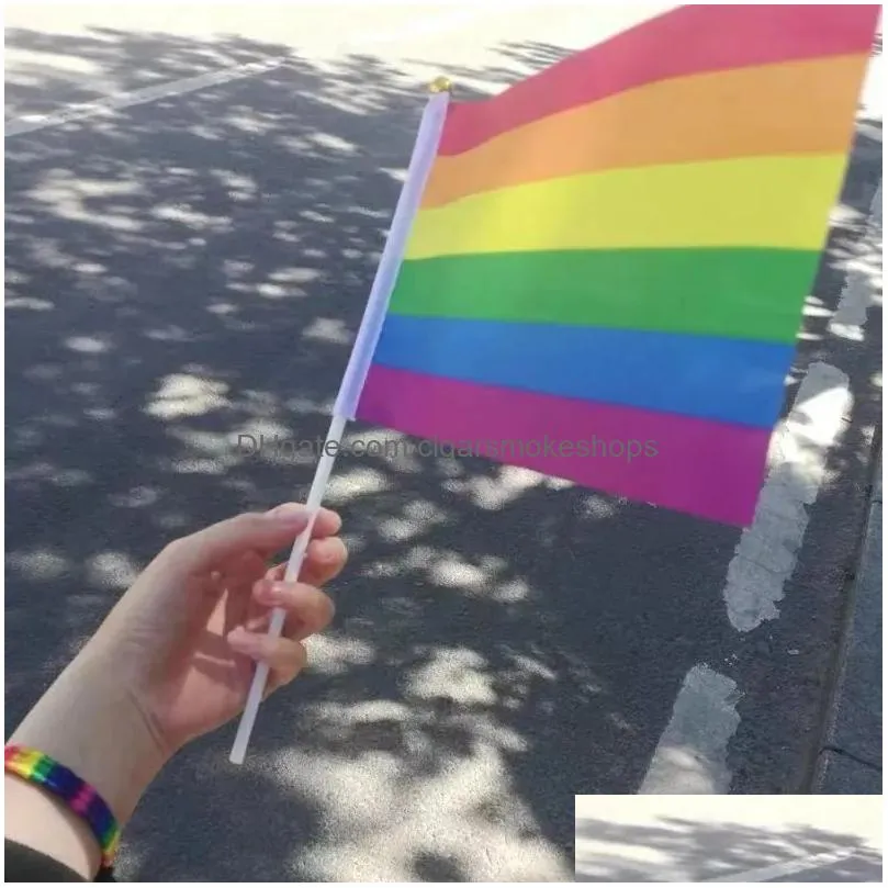 Banner Flags 14X21Cm Rainbow Flag With Flagpole Gay Lesbian Homoual Biual Panuality Transgender Lgbt Pride 1010 Drop Delivery Home Gar Dhagp