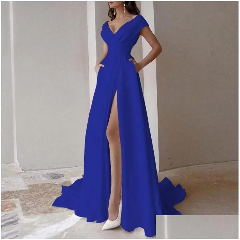 Casual Dresses Women Elegant Party Wedding Long Lady Chic Sexy V-Neck Skirt Tail Solid Color Evening Dress