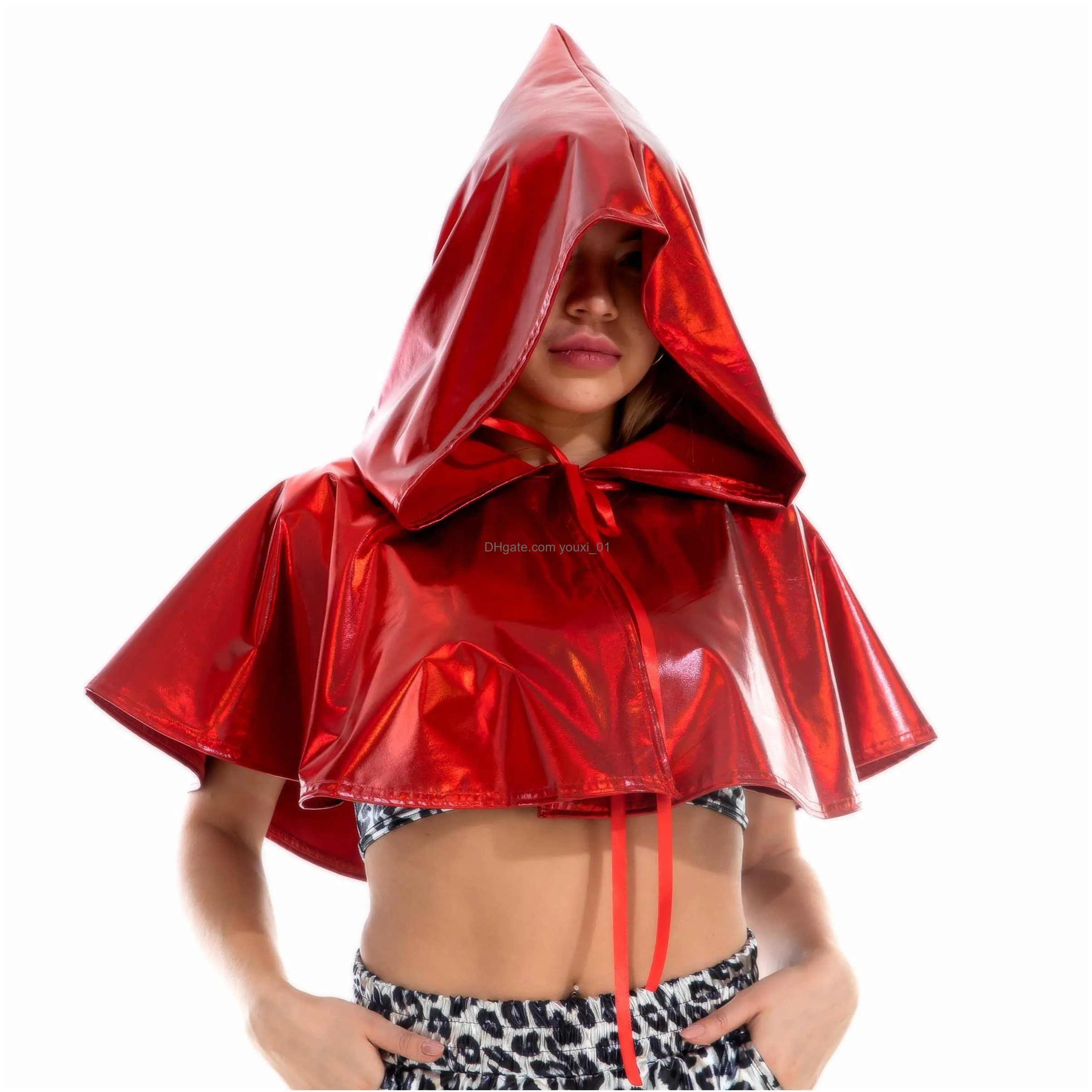 Stage Wear Candy Color Wetlook Shiny Pvc Halloween Cospaly Cape Pu Leather Cloak Hooded Costume Mask Hat Capes Night Clubwear Drop De Dh6I3