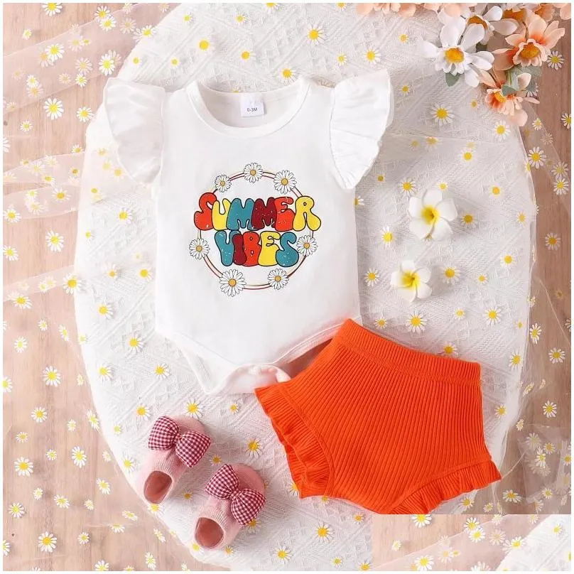 Clothing Sets 2PCS Summer Baby Girls Soft And Comfortable White Letter-Printed Orange Simple Wind Pit Shorts Casual Suit