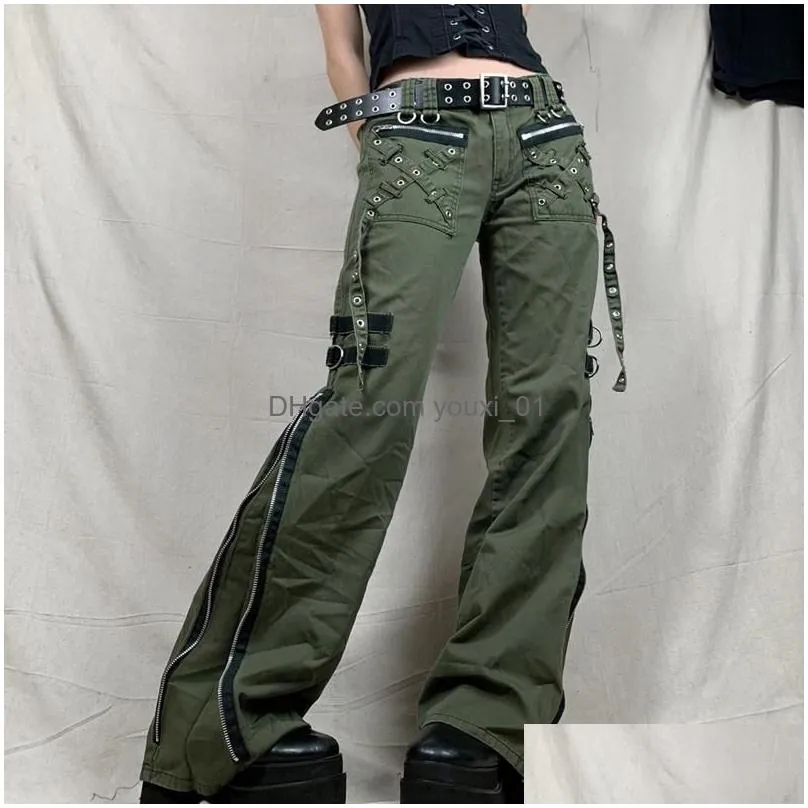 Women`S Jeans Womens Y2K Grunge Green Zipper Bandage Low Waist Cargo Pants Gothic Punk Baggy Retro Kawaii Trousers Women Korean Sweat Dhqyk