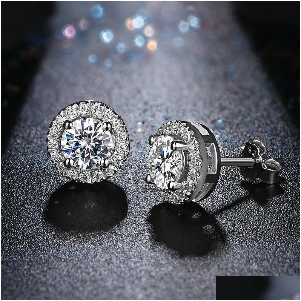 Stud 925 Sterling Sier Earrings Classic Halo Round Brilliant Cut 0.5Ct 1Ct Moissanite Diamond For Drop Delivery Jewelry Dhzmp