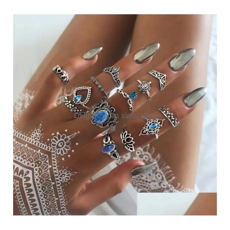 11pcs/set bohemia boho retro ring set vintage turquoise silver color for women jewelry wholesale factoy direct wedding gift lady wife