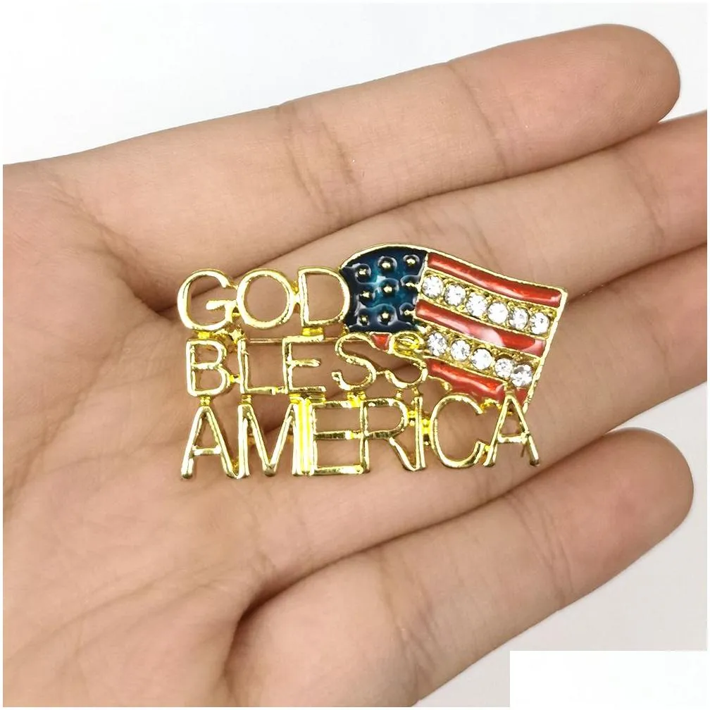 Pins, Brooches 10 Pcs/Lot Fashion Design American Flag God Bless America Brooch Crystal Rhinestone Hat 4Th Of Jy Usa Patriotic Pins F Dh5Zx