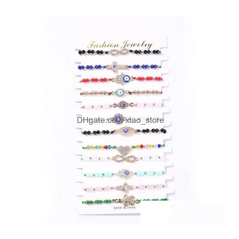 12pcs/set blue evil eye bracelets for women crystal tree hand cross heart turtle charm beads rope string chain adjustable bangle jewelry