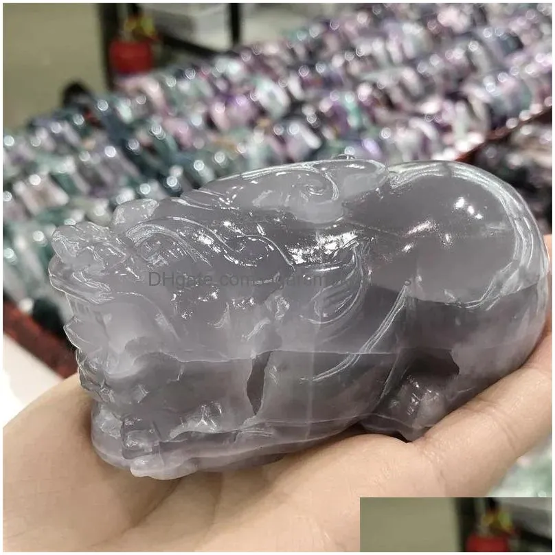 Decorative Objects & Figurines 10Cm Natural Fluorite Crystal Pi Xiu Carved Beautif Polished Quartz Animal Statue Healing Energy Gem Cr Dhsxr