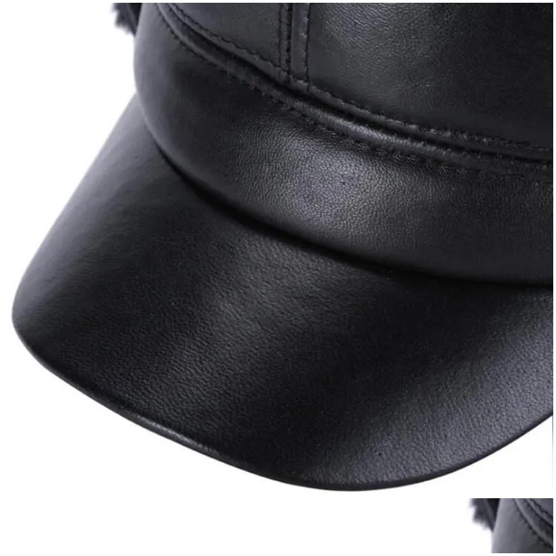 Wide Brim Hats Bucket Fuzaibazi Fashion Middle-Aged Genuine Leather Hat Winter Earmuffs Thermal Sheepskin Military Thicken Veet Fla Dhhbi