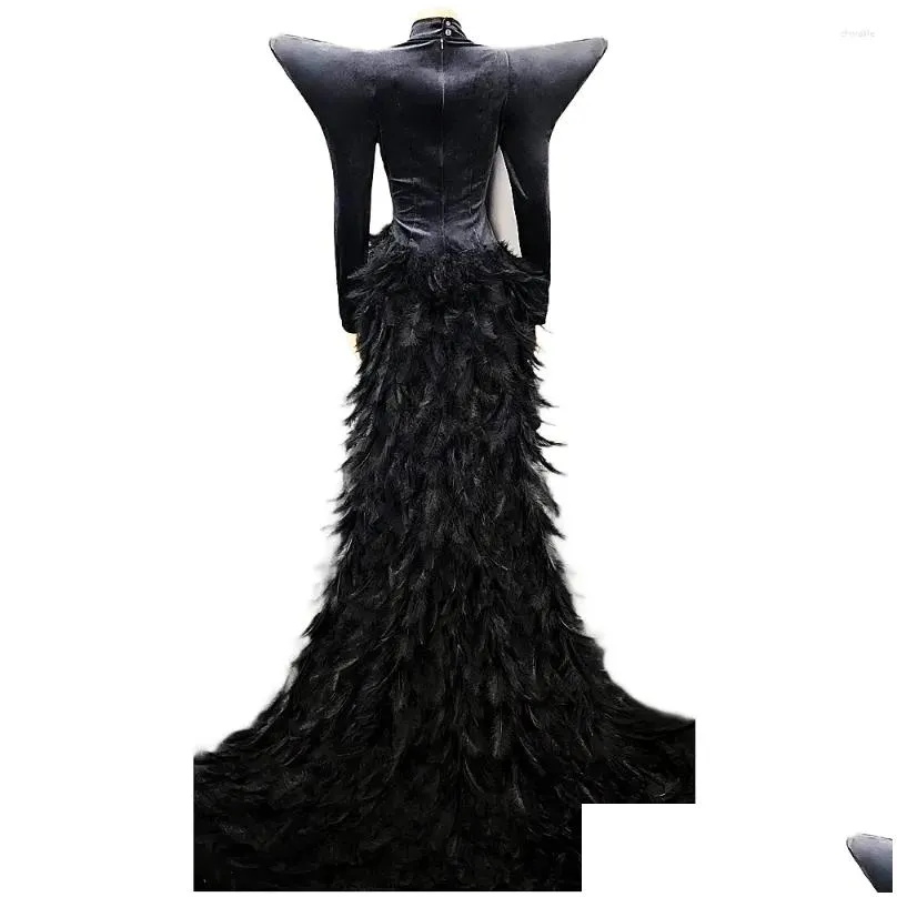 Stage Wear Black And White Shining Snack Rhinestones Swan Velvet Coat Sexy Feather Long Dress For Women Cloth Show Costume Party