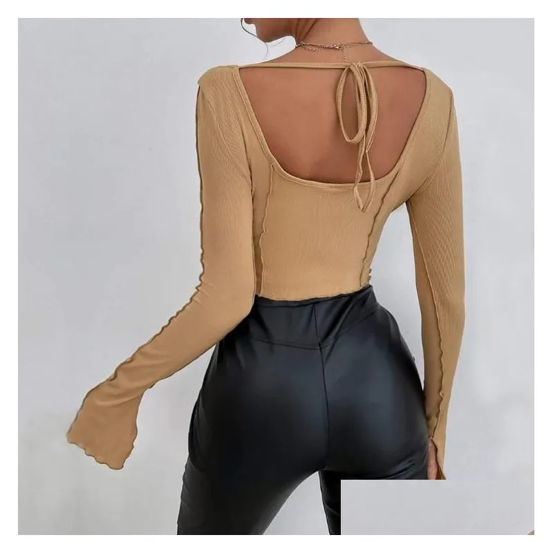 2023 New Women`s T Shirts Long Sleeve Knitted Women Black Backless Sexy Streetwear Tees Spring Autumn Basic Y2K Crop Top