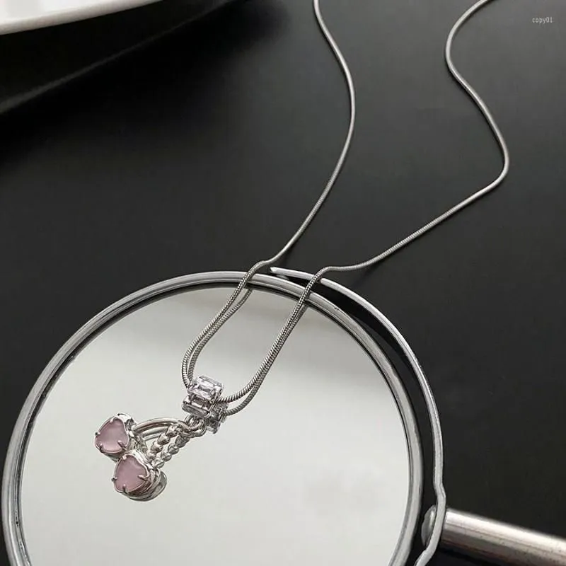 Pendant Necklaces Fashion Necklace For Women Small Sweet Pink Color Cherry Advanced Collar Chain Titanium Steel Jewelry Gift