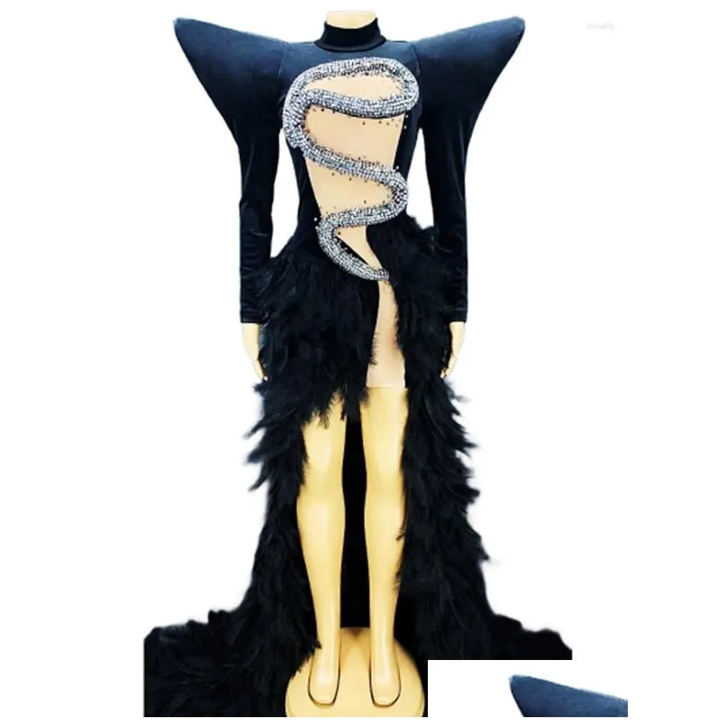 Stage Wear Black And White Shining Snack Rhinestones Swan Velvet Coat Sexy Feather Long Dress For Women Cloth Show Costume Party