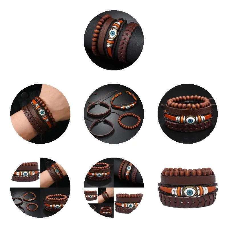 Charm Bracelets Rope Weave Braided Leather Bracelet Vintage Style Mti Layer Beaded Men Women Drop Delivery Oteqw