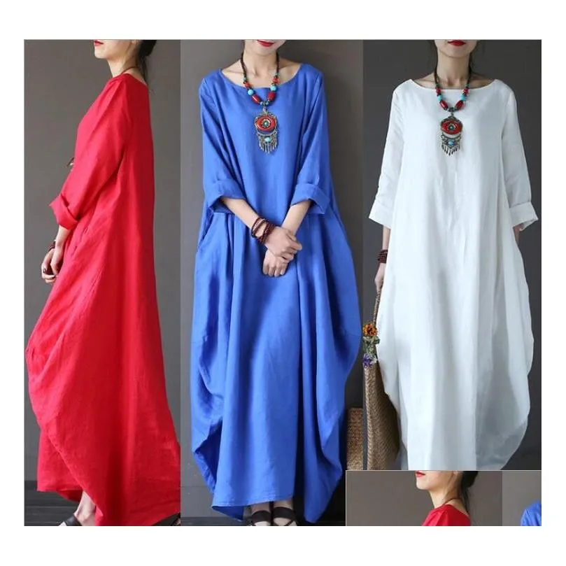 Hot Sell Autumn Women Loose O-neck White Dress Long Sleeve Maxi Robe New Solid Color Dress