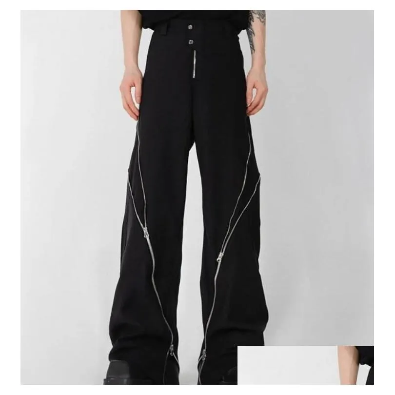 New Men`s Pants Men Black Zipper Design Slit Slightly Flared Vertical Feeling Straight Casual Y2K Trousers