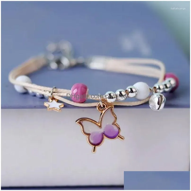 Charm Bracelets Kpop Cute Colorf Butterfly Bracelet For Women Girl Fashion Hand-Woven Star Bell Beads Flower Pendant Sisters Drop Del Dhgcx