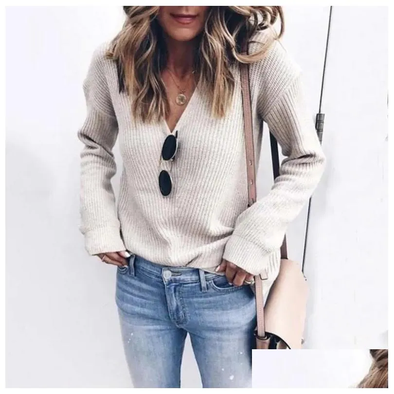 Women`s Knits 2023 Autumn Winter Knitted Sweater Women Pullover Purple Jumper Ladies V Neck Long Sleeve Loose For Woman