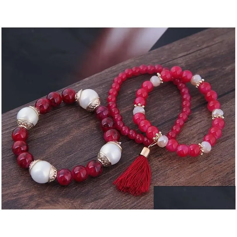 Charm Bracelets Bohemian 3Pcs Set Tassel Pendant Beads For Women Simated Pearl Jewelry Womens Bracelet Boho273T Drop Delivery Dhqrr