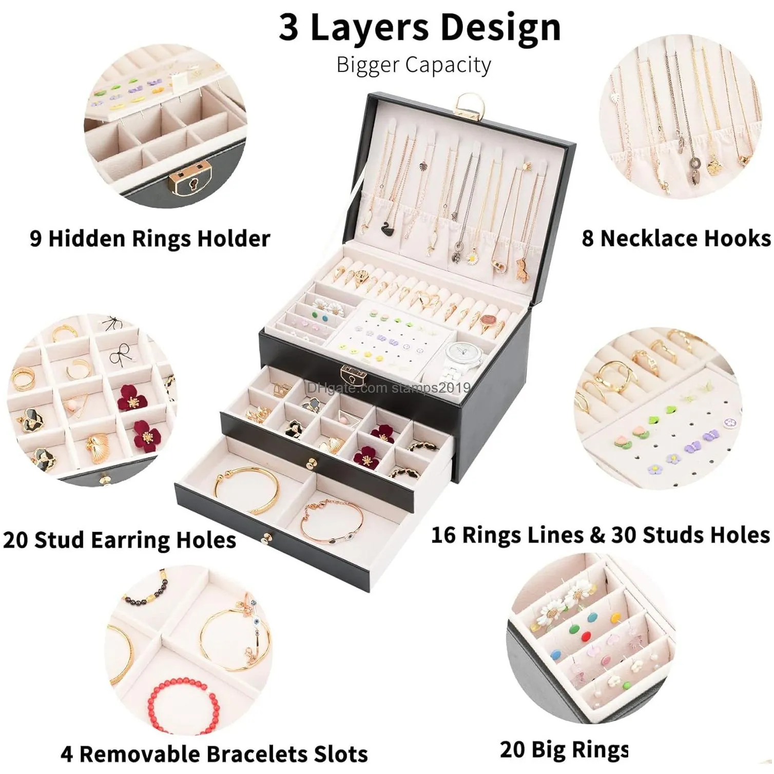 large jewelry box for women 3 layers leather jewelry organizer box with lock jewelry holder organizer with lots space for earrings rings necklaces