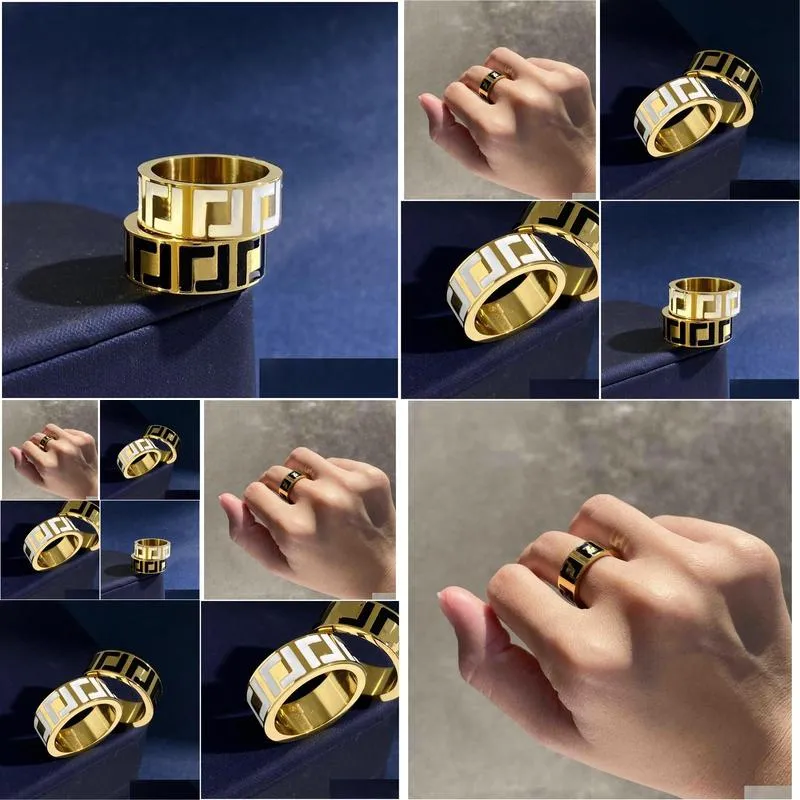 Band Rings Made In Italy Designer F Ring Extravagant Enamel Hollow Gold Sier Rose Stainless Steel Letter Black White Women Men Weddi Dhv3U