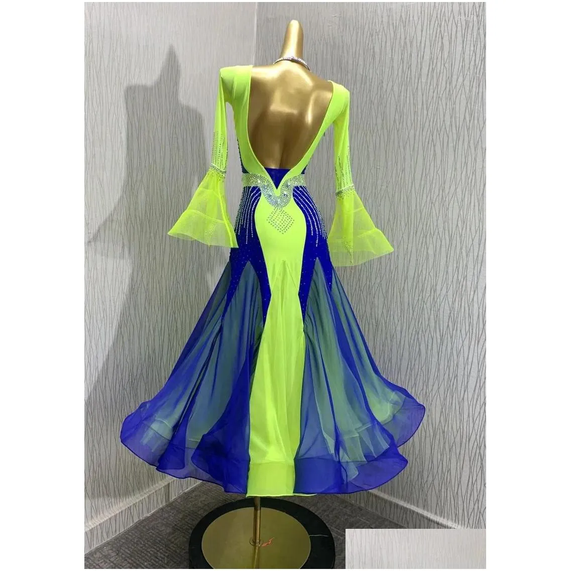 Stage Wear ABCDance Dress Modern Waltz Tango Competition Ballroom Dance Smooth Costume Long Sleeve Green