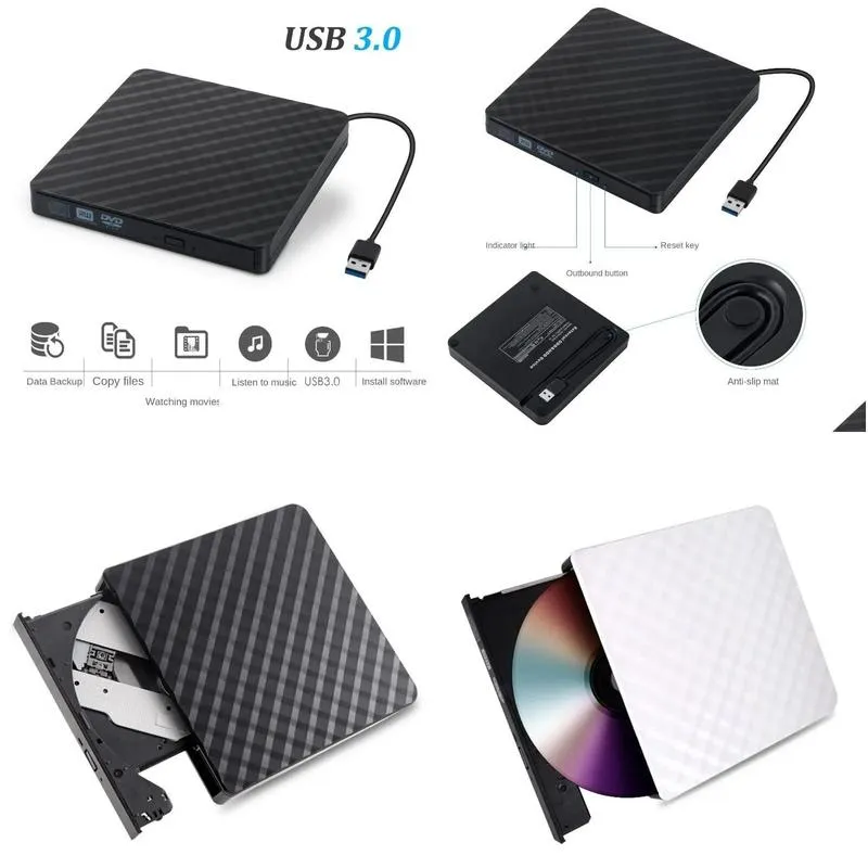 Black White Portable USB 3.0 External DVD Burner CD/DVD ROM CD RW Player Optical Drive Writer Recorder for Laptop Computer PC