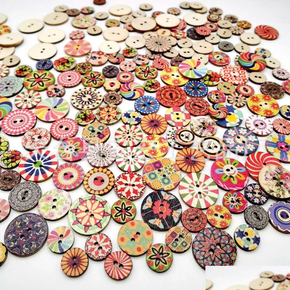 Sewing Notions & Tools Mixed Random Flower Painting Round 2 Holes Vintage Wood Buttons For Diy Scrapbooking Crafts Clothing Accessori Dhmec