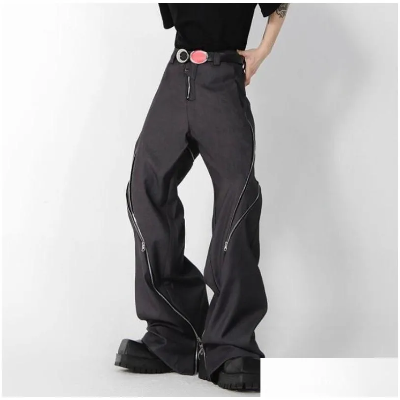 New Men`s Pants Men Black Zipper Design Slit Slightly Flared Vertical Feeling Straight Casual Y2K Trousers