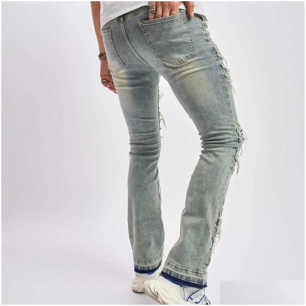 Men`s Jeans Fashion Casual Hole Jeans for Men Hip Hop Biker Jeans Regular Straigh Jeans Pants cat whiskers stitched cloth fashion stretch plus Size XS-XXL