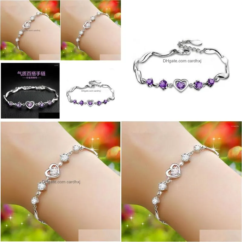 Charm Bracelets Fashion Heart Amethyst Bracelet Sweet Romantic Bride Wedding Jewelry Accessories Promise Girl Love Anniversary Gift D Dh3Ke