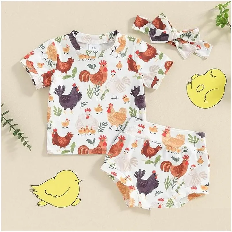 Clothing Sets Toddler Baby Boys Girls Shorts Outfit Cartoon Rooster Print Short Sleeve T-Shirt With Elastic Waist And Headband