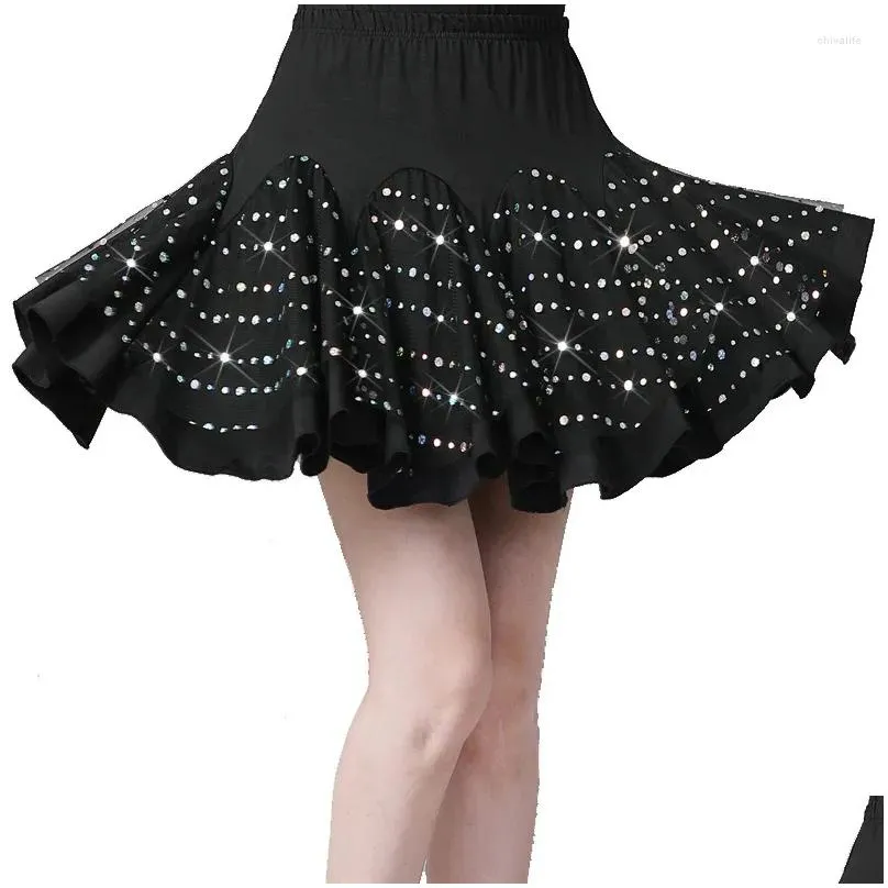 Stage Wear Swing Skirt Latin Dance Women Practice Clothes Square Sequins Short Ballroom Competition
