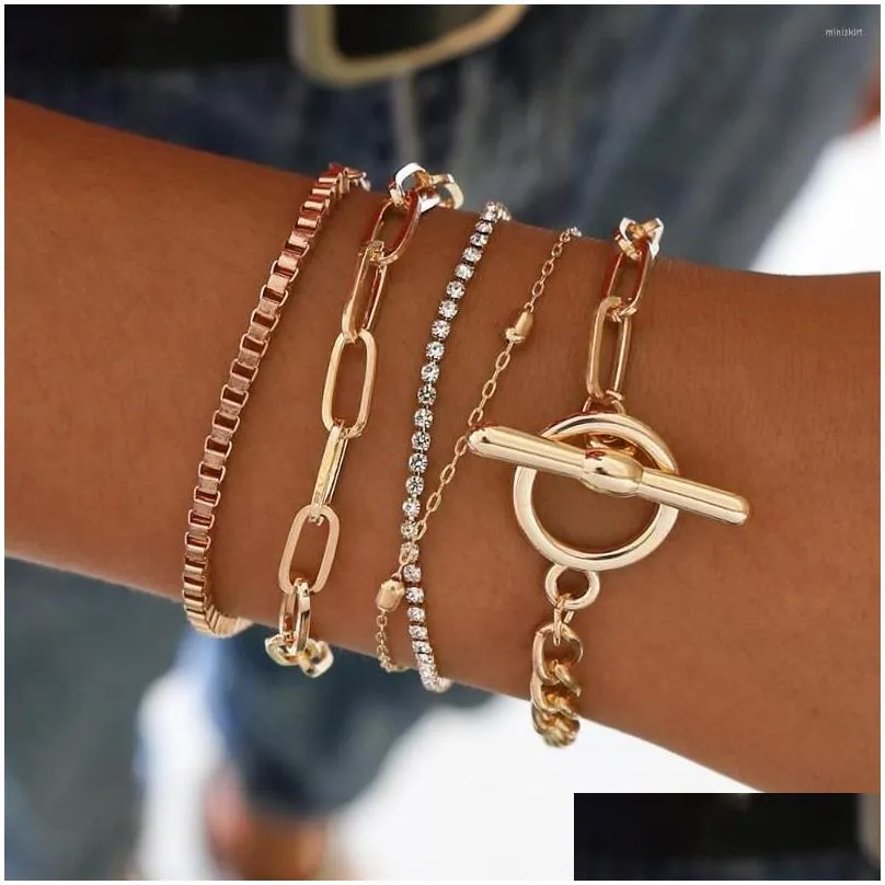 Bangle Fashion Womens Mtilayer Metal Bracelet Set Heavy Gold Color Copper Chain Crystal Women Bijoux Jewelry Drop Delivery Bracelets Dhvvl