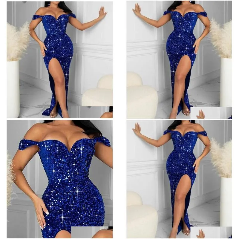 Summer Casual Dresses Party Dress Women Slim Sequins Sexy Breast Wrap Female Solid Blue Empire Split Fork Dinner Long