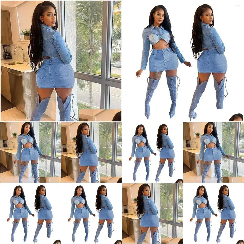 Work Dresses Streetwear Denim 2 Piece Skirt Set For Women Y2K Clothing Long Sleeve Crop Top And Mini Skirts Birthday Night Club