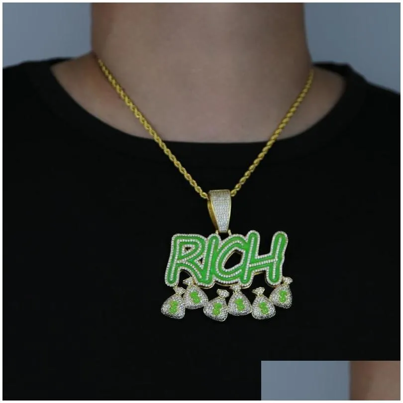 Pendant Necklaces Green Enamel Fluorescence Rich Hip Hop Necklace For Men Micro Paved Cz Luminous Jewelry Drop Delivery Pendants Ot4Rp