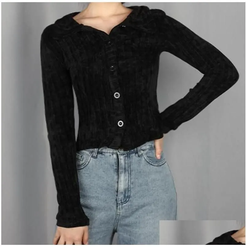 Womens Sweaters Knits Streetwear Gothic Punk Dark Black Sweater Women Long Sleeve Turn Down Collar Buttons Knitted Cardigan Female Dro