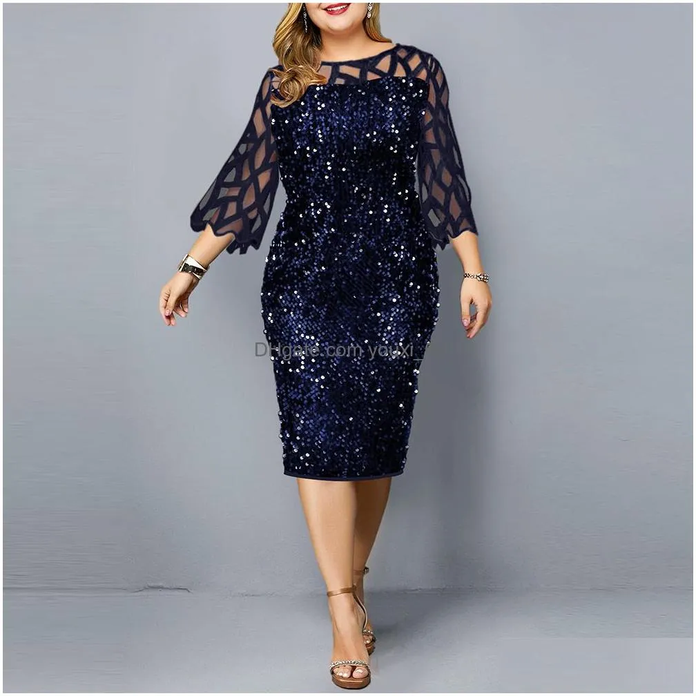 Plus Size Dresses Dress For Women Autumn Elegant Sequin Evening Party Ladies Long Sleeve Casual Clothing Drop Delivery Apparel Women` Dho3K