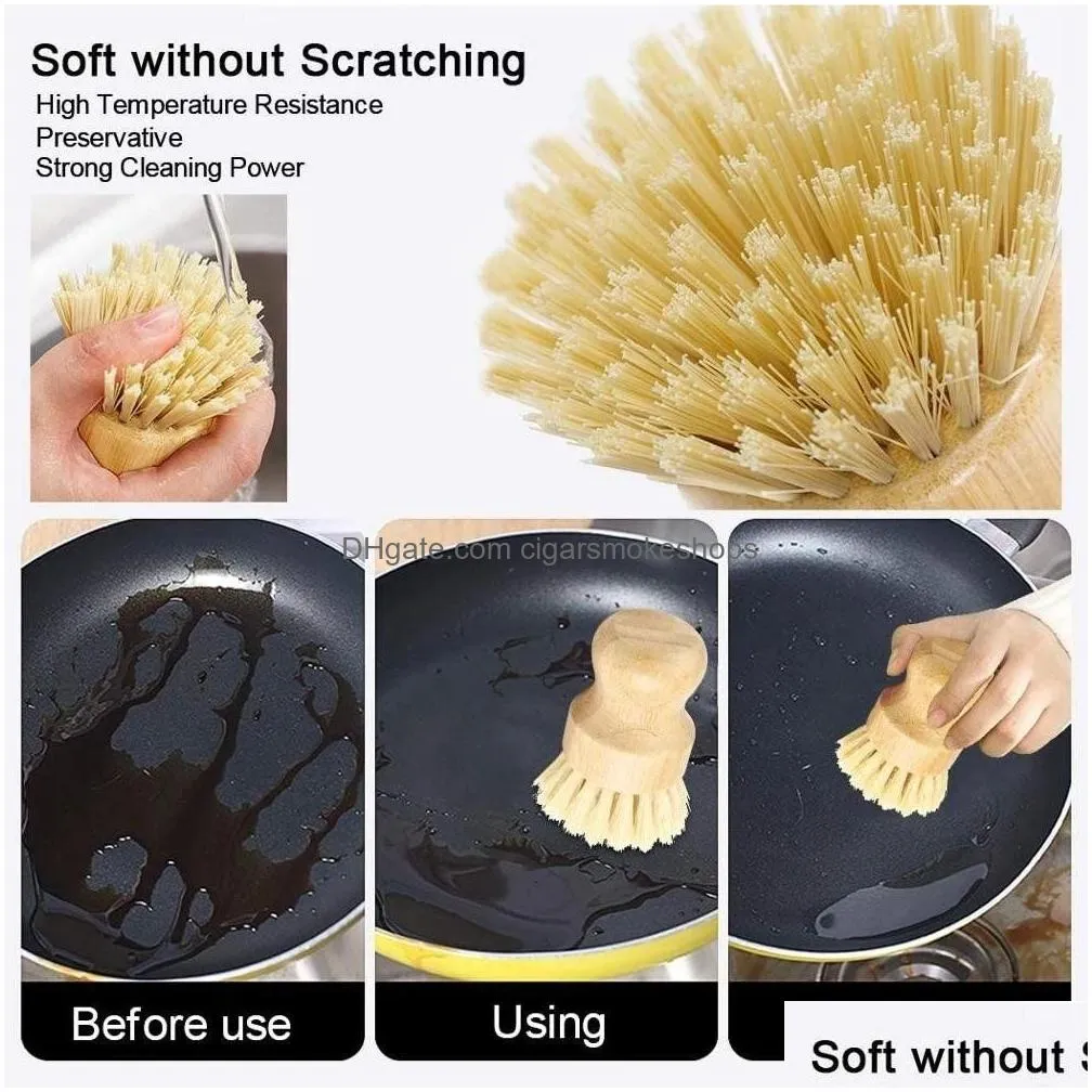 Cleaning Brushes Bamboo Dish Scrub Kitchen Wooden Scrubbers For Washing Cast Iron Pan Pot Natural Sisal Bristles Fy5090 Drop Delivery Dhvdo