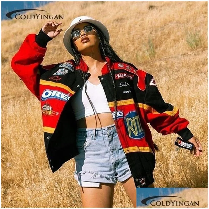 Womens Jackets Printed Racing Jacket American Hiphop Street Style Y2k Oversized Windbreaker Uniform Bomber Top Clothes 221007