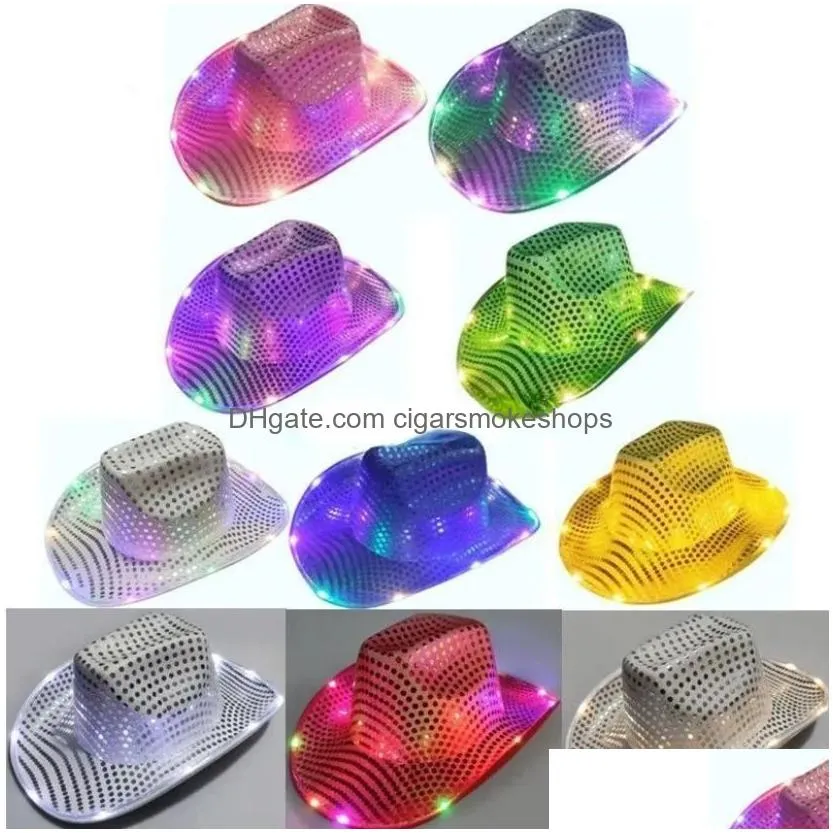 Party Hats Wholesale Cowgirl Led Hat Flashing Light Up Sequin  Luminous Caps Halloween Costume 919 Drop Delivery Home Garden Fes Dhnqb